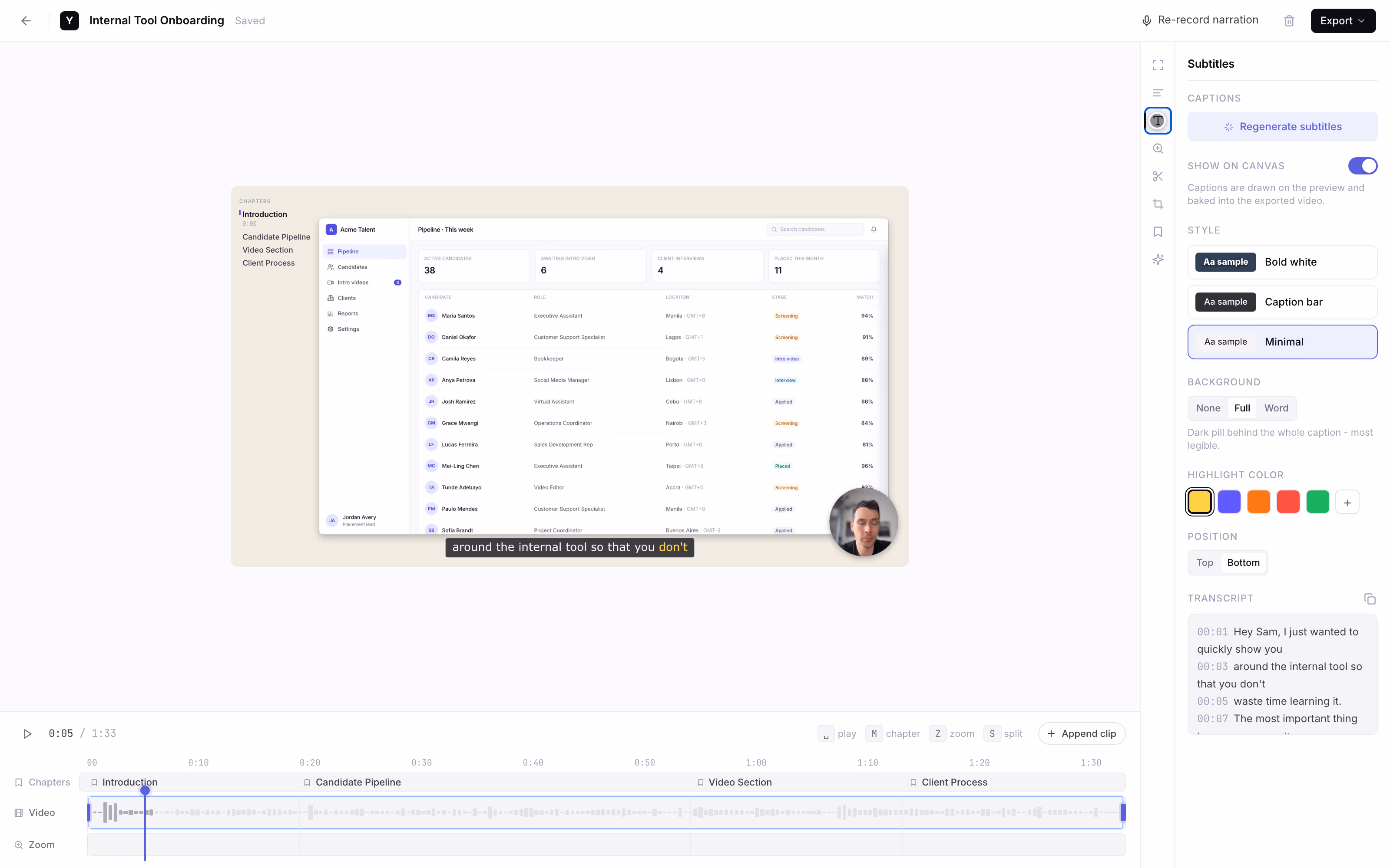 YoRecord browser video editor showing a screen recording on the timeline with the AI subtitles panel open